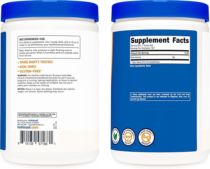 Nutricost Beta Alanine Powder 500 Grams (1.1lbs) - Pure Beta Alanine, Gluten Free & Non-GMO