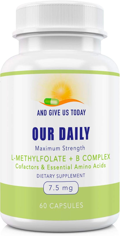 Our Daily Vites L-Methylfolate B Complex Cofactors & Essential Amino Acids (7.5mg) - Active Folate, Methylated B12 Methylcobalamin, B6 and Glycine - 60 Count