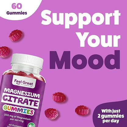 Feel Great Vitamins Magnesium Citrate Gummies - High Absorption for Muscle Relaxation, Calm & Sleep Support, Aids Occasional Constipation, Vegan, Non-GMO, 200mg Per Serving - 60 Gummies