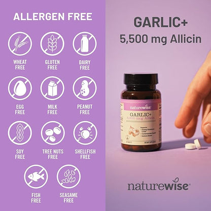 NatureWise Garlic Extract Supplement - Healthy Cholesterol & Blood Pressure Formula + B Vitamins, C, 5500mcg Allicin - Vegan Tablets w/Enteric Coating, Non-GMO, Gluten-Free, 60 Count [30-Day Supply]