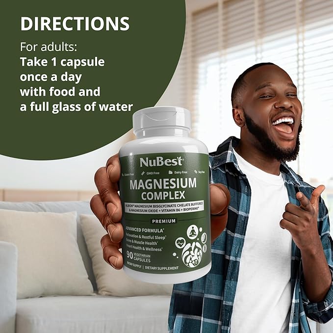 NuBest Magnesium Glycinate Chelate Complex with Albion Magnesium Bisglycinate Chelate, Magnesium Oxide, Vitamin B6 & BioPerine for Bone, Muscle, Natural Sleep, Nerve Function, Brain Booster (Pack 2)