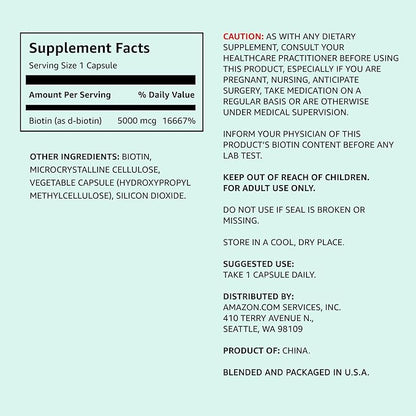 Amazon Elements Vegan Biotin 5000 mcg - Hair, Skin, Nails, 130 Capsules (4 Month Supply) (Packaging May Vary) (Pack of 2)
