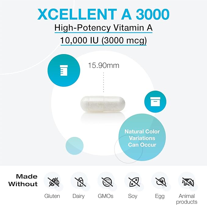 XYMOGEN Xcellent A 3000 - 10,000 IU High-Potency Vitamin A Supplement (Retinyl Palmitate) - Supports Healthy Immune Function, Healthy Skin + Mucous Membranes (60 Capsules)