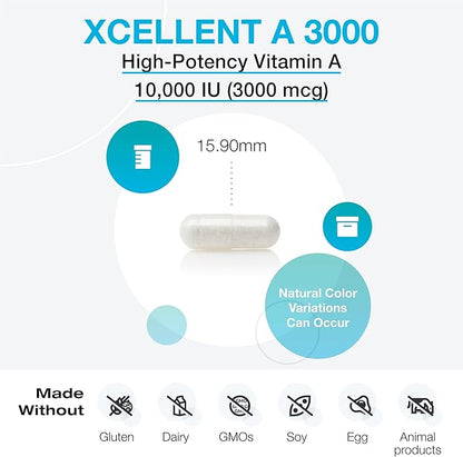 XYMOGEN Xcellent A 3000 - 10,000 IU High-Potency Vitamin A Supplement (Retinyl Palmitate) - Supports Healthy Immune Function, Healthy Skin + Mucous Membranes (60 Capsules)