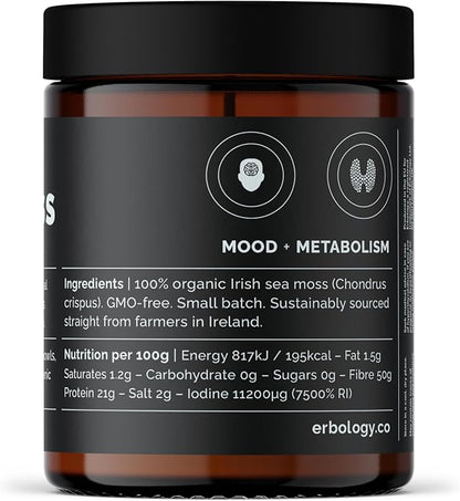 Erbology Organic Irish Sea Moss Powder 3.2 oz - 90 Servings - Sustainably Sourced in Ireland - Supports Metabolism and Skin Health - Rich in Iodine - Small Batch - GMO-Free