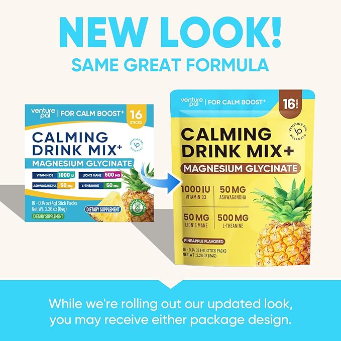Venture Pal Magnesium Glycinate Powdered Calming Drink Mix with Ashwagandha, Vitamin D, L-Theanine, Lions Mane, Sugar Free Magnesium Supplement Blend for Calm, Relax & Focus, Non GMO, Vegan, 16 Sticks
