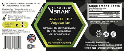 Vitamin D3 + K2 (MK-7) Liquid Drops with MCT Oil & Olive Oil - Vegetarian, Non-GMO, Soy-Free, Gluten-Free, Alcohol-Free, 1 Bottle, 2 Fl Oz (60 ml) - 180 Servings (2500 IU per Serving)