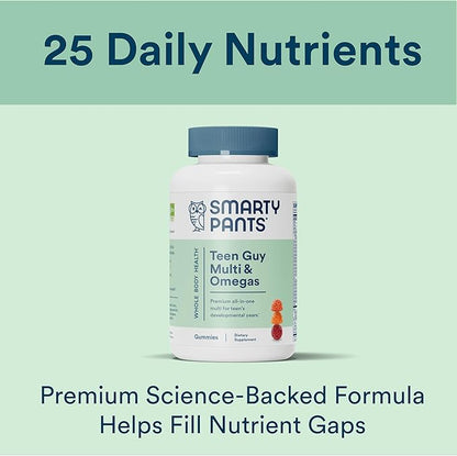 SmartyPants Teen Guy Formula, Daily Multivitamin Gummies: Vitamins C, B12, K, Zinc, & Biotin for Immune Support, Energy, Skin & Hair Support, Assorted Fruit Flavor, 120 Gummies (30 Day Supply)