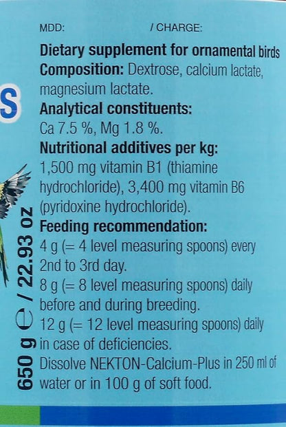 Nekton Calcium-Plus Calcium and Magnesium with B Vitamins for Birds 650gm / 1.43Lb, White