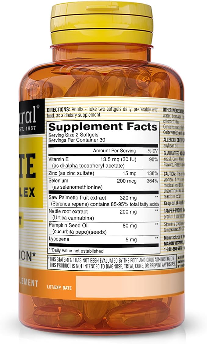 MASON NATURAL Prostate Therapy Complex with Saw Palmetto, Nettle Root & Pumpkin Seed Oil - Supports a Healthy Prostate Function*, 60 Softgels