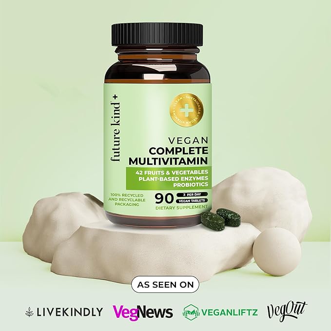 Future Kind Vegan Multivitamins Complete - 42-in-1 Vegan Multivitamins for Women & Men with Enzymes, B12, Zinc, & Probiotics for Digestion (90 tabs in Recycled Bottle)