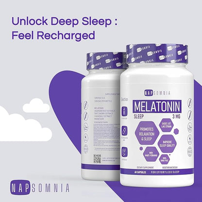 Melatonin for Sleeping for Men & Women - Sleep Melatonin -Valerian Root Extract - Vegetarian 3mg Melatonin Capsules - Sleep Aid for Adults - Deep Sleep Supplements to Ease Jet Lag Strain