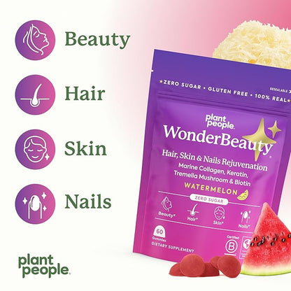 Plant People WonderBeauty Hair, Skin & Nails Rejuvenation Gummies with Tremella Mushroom, Marine Collagen Peptides, Keratin, & Biotin – Watermelon Flavor, 60 Gummies