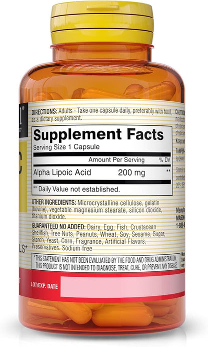 MASON NATURAL Alpha Lipoic Acid 200 mg - Supports Energy Production, Antioxidant Support Supplement, 60 Capsules