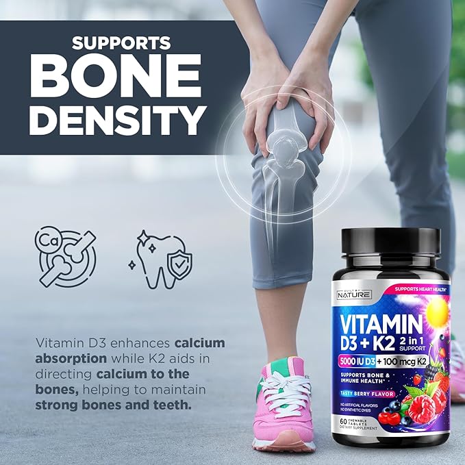 Vitamin D3 K2 – Chewable Vitamin D 5000 IU & K2 MK-7 100 mcg – 2 in 1 Vitamin D K2 Supplement Chews - Immune, Heart, & Bone Support – Non GMO - Tasty Berry Flavor - 60 Chewable Tablets