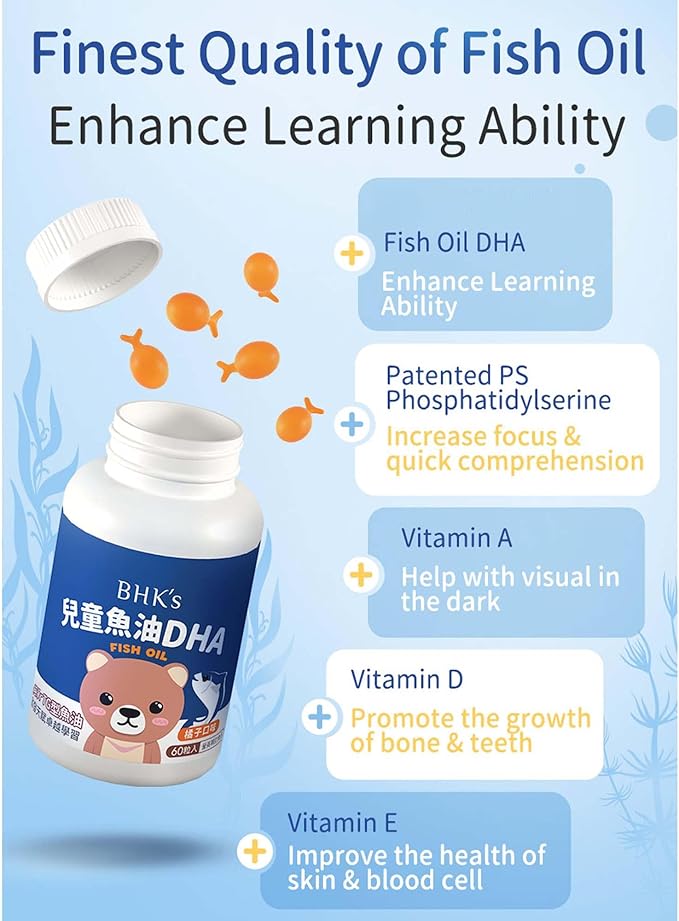 BHK's Kids Chewable Fish Oil, Omega 3 with EPA & DHA for Children, Support Brain Development & Learning Function, Eye & Immunity Health, 60 softgels