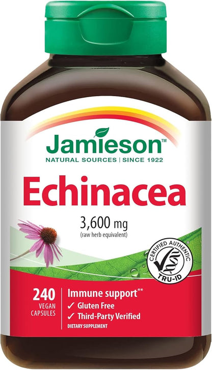 Jamieson Echinacea 3,600mg 240 Vegan Capsules for Immune Support, Gluten Free, Non-GMO