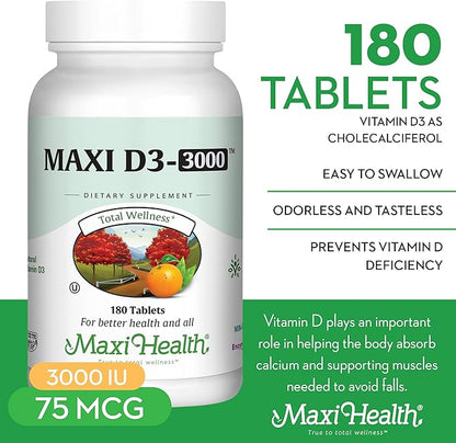 Maxi Health D3 3000 - Supports Bone Health and Immune System - Prevents Vitamin D Deficiency - 3000IU Tablets Contain 75 MCG per Serving to Support Bone Health (180 Tablets)