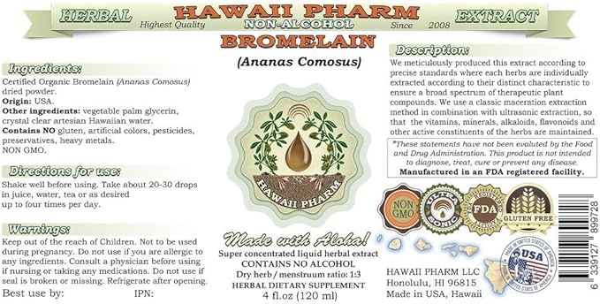 Hawaii Pharm Bromelain Alcohol-Free Liquid Extract, Bromelain (Ananas Comosus) Dried Powder Glycerite Natural Herbal Supplement 2 oz