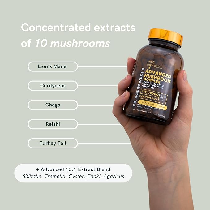 Dr Sosnowski's BioActive Mushroom Complex Lion's Mane, Cordyceps, Chaga, Turkey Tail, Reishi with Potent Extracts of Shiitake, Tremelia, Oyster, Agaricus & Enoki | 120 Capsules