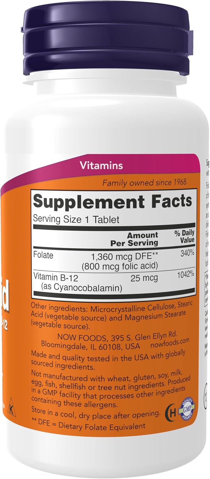 NOW Foods Supplements, Folic Acid 800 mcg + B-12 (Cyanocobalamin) 25 mcg, B Complex Vitamin, 250 Tablets