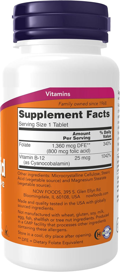 NOW Foods Supplements, Folic Acid 800 mcg + B-12 (Cyanocobalamin) 25 mcg, B Complex Vitamin, 250 Tablets