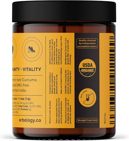Erbology Organic Turmeric Powder 3.2 oz - 90 Servings - 5.5% Curcumin - No Additives or Preservatives - Sustainably Sourced Straight from Farm in India - Small Batch - Vegan - GMO-Free