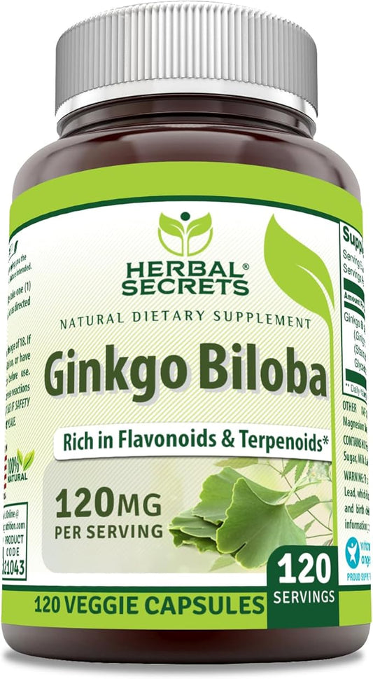 Herbal Secrets Ginkgo Biloba Supplement 120mg 120 Capsules | Standardized to Contain 24% Ginkgo Flavone Glycosides | Non-GMO | Gluten Free | Made in USA