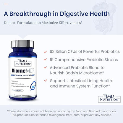 1MD Nutrition BiomeMD Probiotics | 62 Billion CFUs, 15 Comprehensive Strains - Pro & Prebiotics | Doctor-Formulated for Digestive Health & Immune Support | 60 Capsules