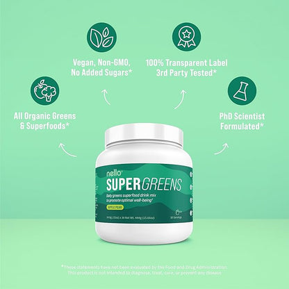 Supergreens - Premium Superfood Greens Drink Mix with Chlorella, Moringa, Spinach, & Broccoli + Digestive Enzymes - Nutrient-Packed Greens Powder Superfood for Wellness(30 SRV)