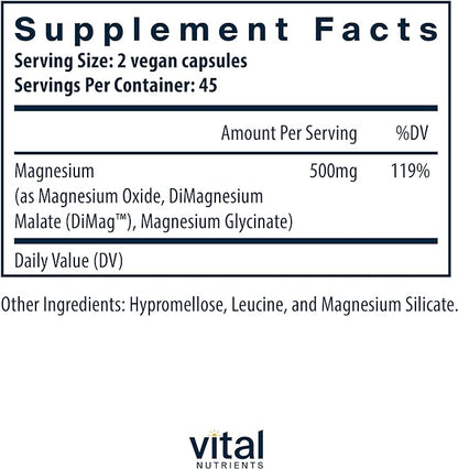 Vital Nutrients Triple Magnesium Complex Supplement | Vegan Magnesium Glycinate, Malate & Oxide 250mg | Easily Absorbed Magnesium Supplement for Stress, Muscle, Heart, Bone Support | 90 Capsules
