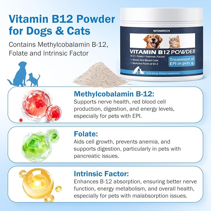 Vitamin B12 Powder Appetite Stimulant for Cats&Dogs Methylcobalamin Supplement with Folate and Intrinsic Factor, Treatment of EPI in Pets, Supports Energy, Red Blood Cell Formation, Nervous System 60g