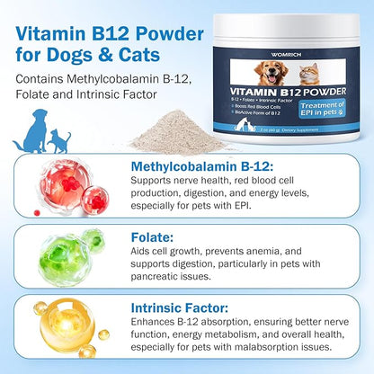 Vitamin B12 Powder Appetite Stimulant for Cats&Dogs Methylcobalamin Supplement with Folate and Intrinsic Factor, Treatment of EPI in Pets, Supports Energy, Red Blood Cell Formation, Nervous System 60g