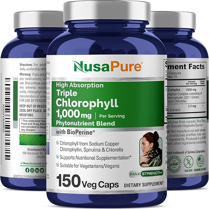NusaPure High Absorption Triple Chlorophyll 1000 mg 150 Veg Caps Suitable for Vegetarians and Vegans, Non-GMO