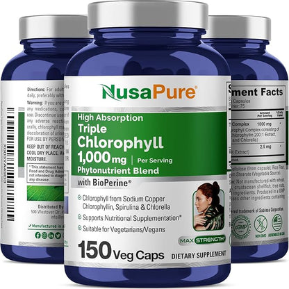 NusaPure High Absorption Triple Chlorophyll 1000 mg 150 Veg Caps Suitable for Vegetarians and Vegans, Non-GMO
