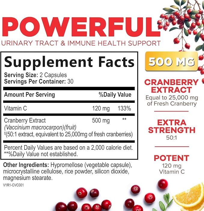 Cranberry Supplement Pills + Vitamin C - Made with 25,000mg Cranberry Concentrate Whole Fruit Extract to Help Cleanse & Support Urinary Tract Health, Sugar Free for Women & Men, Non-GMO, 60 Capsules