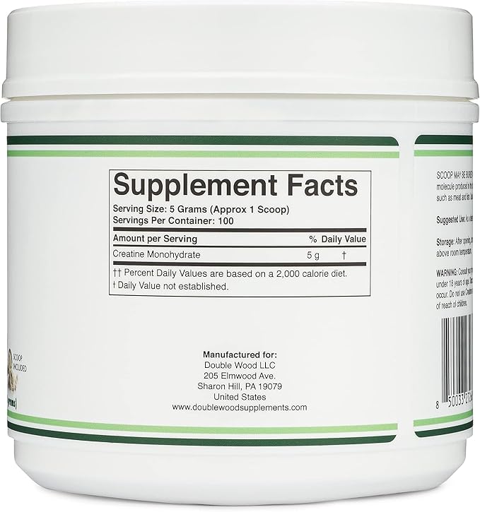 Creatine Monohydrate Powder 1.1lbs (100 Servings of 5 Grams Each - Third Party Tested Micronized Creatine Powder) (with Scoop)(Creatina Monohidratada) by Double Wood