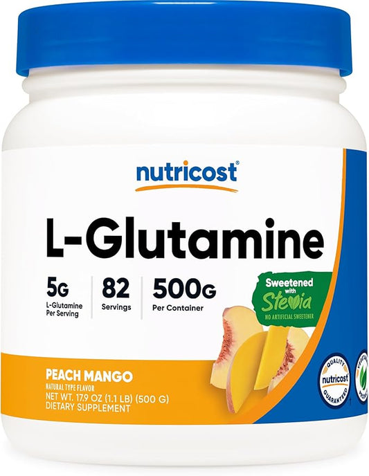 Nutricost L-Glutamine Powder Sweetened with Stevia (500 Grams, Peach Mango) - Supplement for Gut Support, 5 Grams of L-Glutamine Per Serving - Gluten Free, Non-GMO