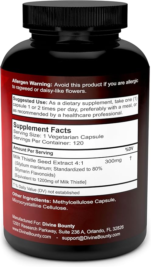 Divine Bounty Pure Milk Thistle Capsules Supplement - A Potent 1200mg Milk Thistle Supplement with 4X Concentrated Extract (Standardized) 120 Vegetarian Capsules