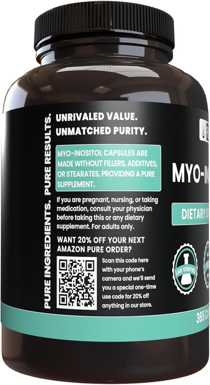 Myo-Inositol (365 Capsules) No Magnesium Or Rice Fillers, Always Pure, Lab Verified