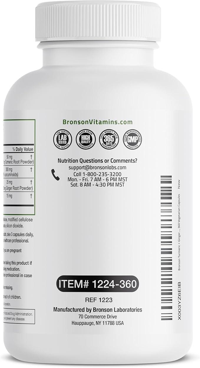 Bronson Turmeric + Ginger Extra Strength Joint Health & Digestion Support with BioPerine, Non-GMO, 360 Vegetarian Capsules