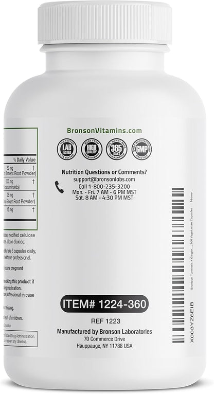 Bronson Turmeric + Ginger Extra Strength Joint Health & Digestion Support with BioPerine, Non-GMO, 360 Vegetarian Capsules