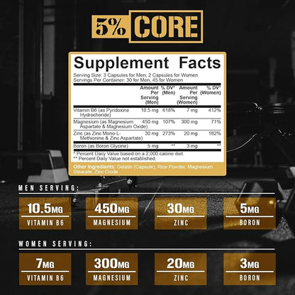 5% Nutrition Core ZMA (with Boron) | Promotes Recovery by Restoring Levels of Zinc, Magnesium & Vitamin B-6 (90 Capsules)