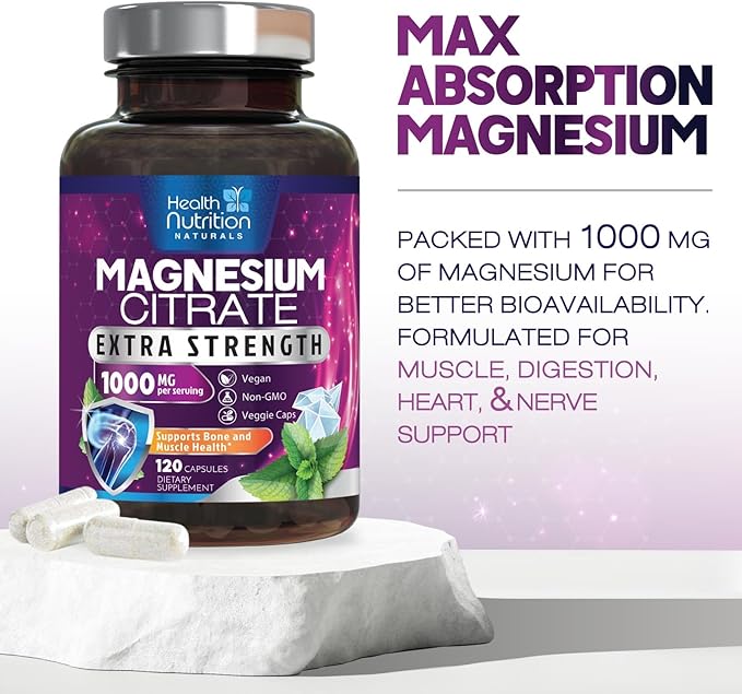 Magnesium Citrate Capsules 1000mg - Max Absorption Magnesium Powder for Muscle, Nerve, Bone and Heart Health Support, High Absorption Citrate Complex, Gluten Free, Non-GMO - 120 Capsules