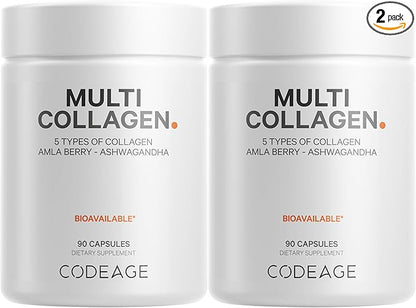Codeage Multi Collagen Capsules – 5 Collagen Types I, II, III, V & X – Hydrolyzed Grass-Fed Bovine Protein with Ashwagandha, Amla, and Vitamins - 2-Pack