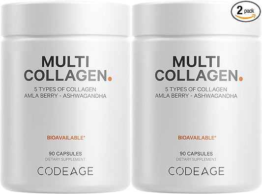Codeage Multi Collagen Capsules – 5 Collagen Types I, II, III, V & X – Hydrolyzed Grass-Fed Bovine Protein with Ashwagandha, Amla, and Vitamins - 2-Pack