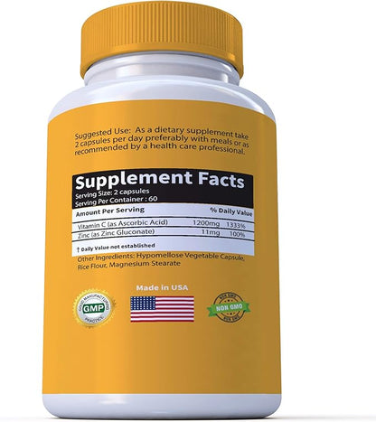High Dose Extra Strength 1200mg Vitamin C + Zinc Complex for Immune Support Health 120 Capsule 2 Month Supply Veggie Capsule Non-GMO Gluten Free Vegan