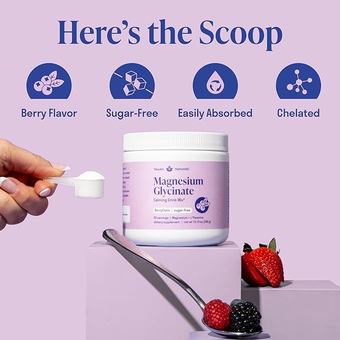 Magnesium Glycinate Powder + L-Theanine | 60 Servings | 300 mg per Scoop High Absorption Chelated Magnesium Powder for Sleep - Natural Mixed Berry Flavor, No Sugar, Support Restful Sleep & Relaxation
