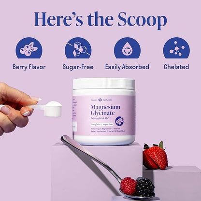 Magnesium Glycinate Powder + L-Theanine | 60 Servings | 300 mg per Scoop High Absorption Chelated Magnesium Powder for Sleep - Natural Mixed Berry Flavor, No Sugar, Support Restful Sleep & Relaxation