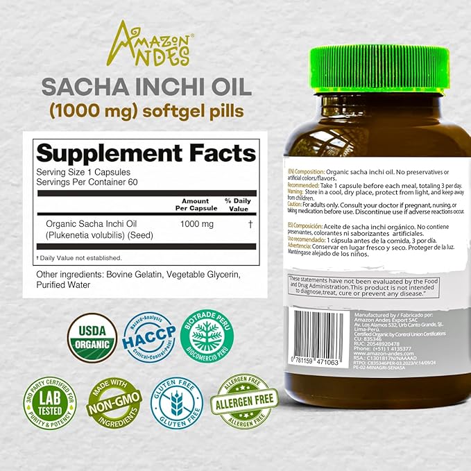Amazon Andes Sacha Inchi Capsules (Plukenetia volubilis) - Source of Omega 3, 6, 9 with Essential Fatty Acids - Odorless & Sustainably sourced - Brain Function Supporter - 60 Softgel Pills (1000mg)